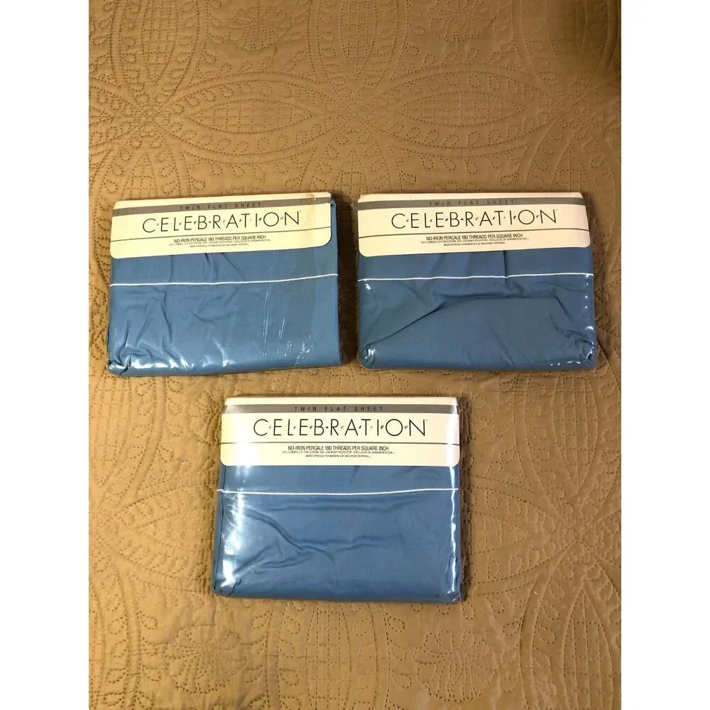 Lot 3 Vintage Mervyn's Celebration Twin Flat Sheets Blue Percale NOS Cottage USA